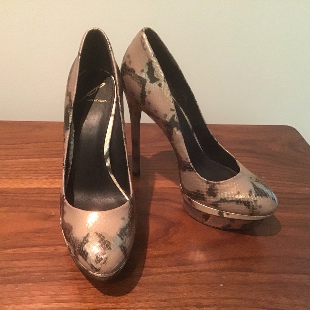 Brian Atwood Fontanne Metallic Snakeskin Leather Platform 6" Heels Shoes 10‎